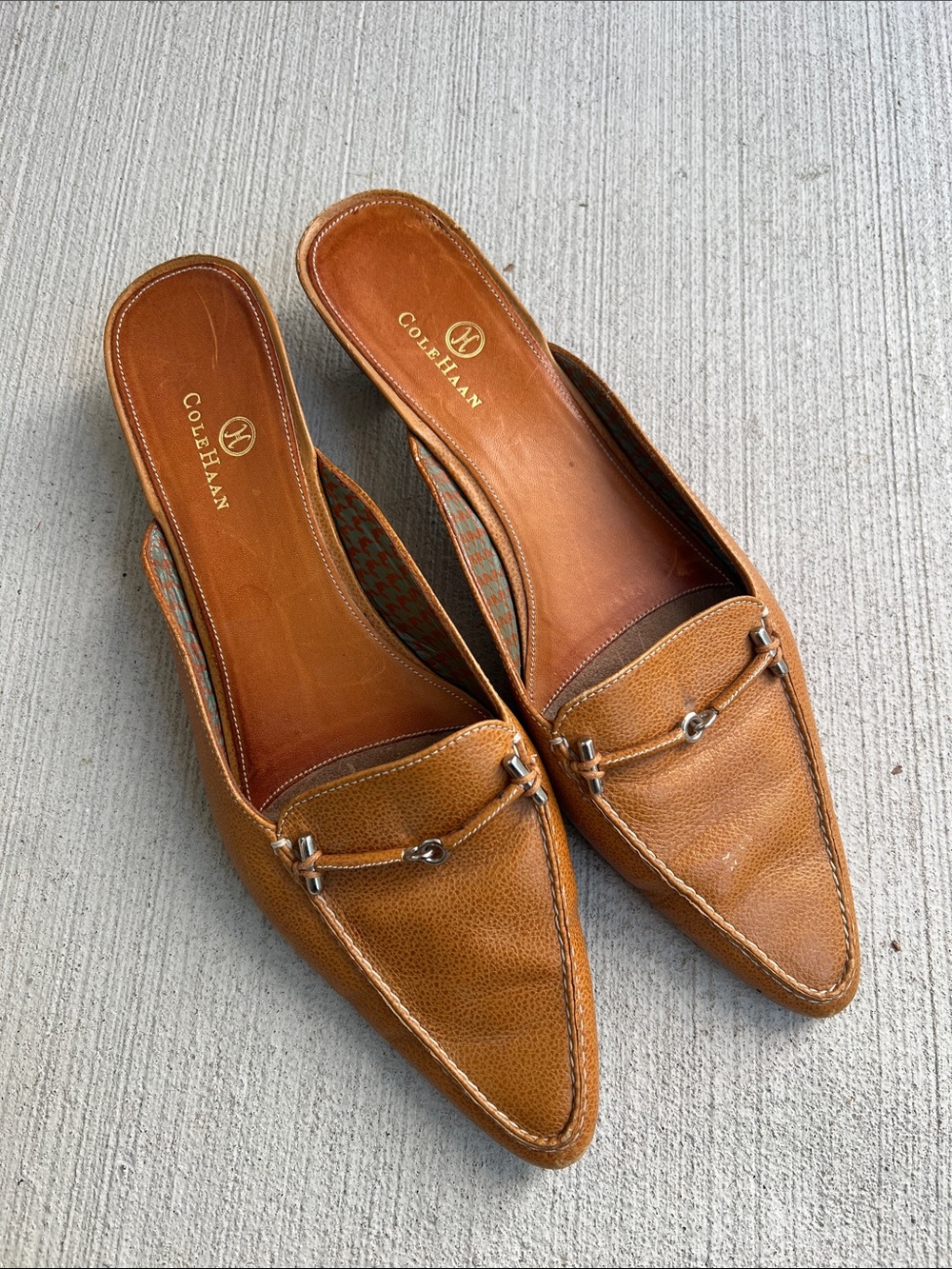 Cole Haan Brown Luggage Tan Leather Pointed-Toe Slip-On Mules Kitten Heeled 11